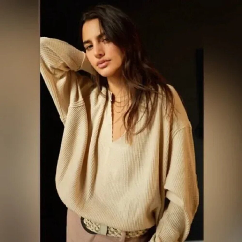 Free People‎ We The Free Owen Thermal Waffle Knit Top M Boho Oversized